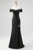 Vestido de Cerimónia Preto Comprido com Ombro a Ombro Aplicações e Fenda