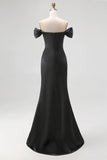 Vestido de Cerimónia Preto Comprido com Ombro a Ombro Aplicações e Fenda