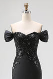 Vestido de Cerimónia Preto Comprido com Ombro a Ombro Aplicações e Fenda