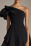 Um Ombro Linha-A Preto Mini Vestido de Formatura