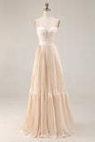 Vestido de Convidado de Casamento Longo Plissado em Linha Champanhe