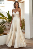 Vestido de Convidado de Casamento Longo Plissado em Linha Champanhe