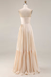 Vestido de Convidado de Casamento Longo Plissado em Linha Champanhe