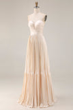 Vestido de Convidado de Casamento Longo Plissado em Linha Champanhe
