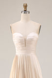 Vestido de Convidado de Casamento Longo Plissado em Linha Champanhe