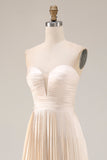 Vestido de Convidado de Casamento Longo Plissado em Linha Champanhe
