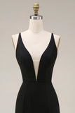 Vestido formal comprido em cetim de sereia preta com renda