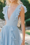 Azul Céu Decote em V Chiffon Longo Babados Vestidos Cerimónia
