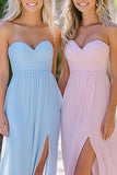 Strapless Céu Azul Uma Linha Chiffon Vestido Madrinha com Fenda