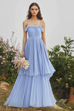 Alças Esparguete Azul Claro Uma Linha Folhos Chiffon Vestido Madrinha