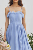 Alças Esparguete Azul Claro Uma Linha Folhos Chiffon Vestido Madrinha