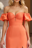 Fora do Ombro Laranja Sereia Longo Babados Vestido De Baile com Fenda