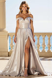 Vestido De Baile com Fenda Fora do Ombro Longo Prata Linha-A Plissado