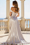 Vestido De Baile com Fenda Fora do Ombro Longo Prata Linha-A Plissado