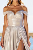 Vestido De Baile com Fenda Fora do Ombro Longo Prata Linha-A Plissado