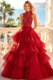 Vestido De Baile Vermelho Longo Tule Linha-A Pescoço Alto