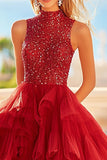 Vestido De Baile Vermelho Longo Tule Linha-A Pescoço Alto