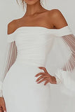 Vestidinho Branco Curto Fora do Ombro Chiffon Mangas Compridas