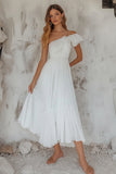 Vestidos de Noiva Branco Um ombro Midi Plissado Linha-A