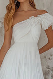 Vestidos de Noiva Branco Um ombro Midi Plissado Linha-A
