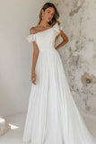 Vestidos de Noiva Longo Branco Fora do Ombro Linha-A
