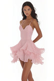 Rosa Linha-A Alças Finas Tule Babados Curto Vestidos Cocktail