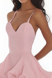 Rosa Linha-A Alças Finas Tule Babados Curto Vestidos Cocktail
