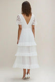 Branco Linha-A Decote em V Longo Vestidos de Noiva com Mangas Curtas