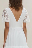 Branco Linha-A Decote em V Longo Vestidos de Noiva com Mangas Curtas