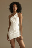 Branco Um Ombro Cetim Curto Bodycon Vestidinho Branco