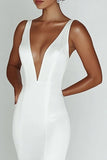 Vestido de Noiva Decote em V Sereia Branco Simples Longo Cetim