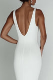 Vestido de Noiva Decote em V Sereia Branco Simples Longo Cetim