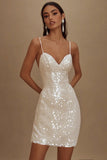 Vestidinho Branco Brilhante Alças Finas Bodycon Curto/Mini Lantejoulas