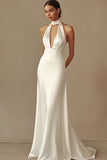 Vestido de Noiva Branco Longo Sereia Cabeçada Cetim Sem Encosto