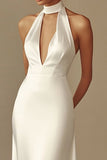 Vestido de Noiva Branco Longo Sereia Cabeçada Cetim Sem Encosto