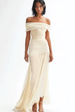 Vestidos de Noiva Longo Fora do Ombro Marfim Ruched Chiffon Bainha