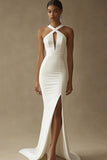 Vestido de Noiva com Fenda Sereia Longo Branco Cetim Cabeçada