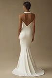 Vestido de Noiva com Fenda Sereia Longo Branco Cetim Cabeçada