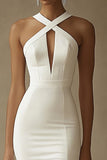 Vestido de Noiva com Fenda Sereia Longo Branco Cetim Cabeçada