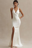 Vestido de Noiva com Fenda Decote em V Cetim Branco Longo Simples Sereia