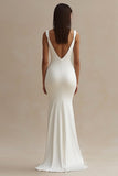 Vestido de Noiva com Fenda Decote em V Cetim Branco Longo Simples Sereia
