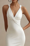 Vestido de Noiva com Fenda Decote em V Cetim Branco Longo Simples Sereia