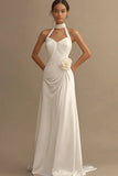 Vestidos de Noiva Linha-A Branco Cabeçada Flores Longo Ruched Cetim