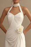 Vestidos de Noiva Linha-A Branco Cabeçada Flores Longo Ruched Cetim