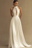Vestidos de Noiva Branco Linha-A Pescoço Alto Cetim Longo