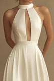 Vestidos de Noiva Branco Linha-A Pescoço Alto Cetim Longo