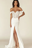 Vestido de Noiva com Fenda Sereia Branco Fora do Ombro Corset Longo