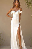 Vestidos de Noiva com Fenda Branco Sereia Alças Finas Cetim Longo