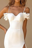 Vestidos de Noiva com Fenda Branco Sereia Alças Finas Cetim Longo