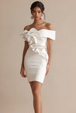 Vestidinho Branco Fora do Ombro Curto/Mini Cetim Bodycon
